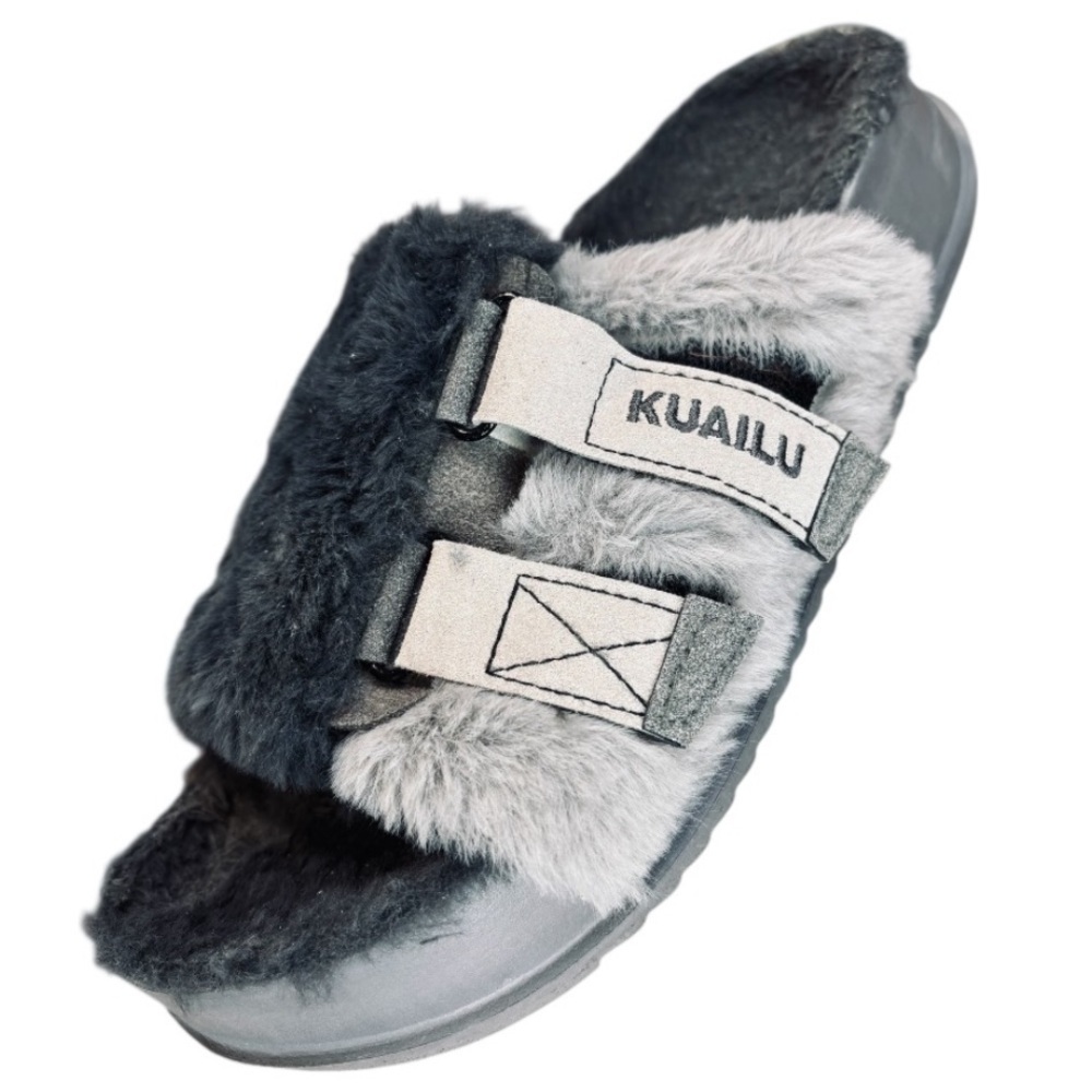 KUAILU Women’s Fuzzy Platform Open Toe Gray & Black Slippers Size 10